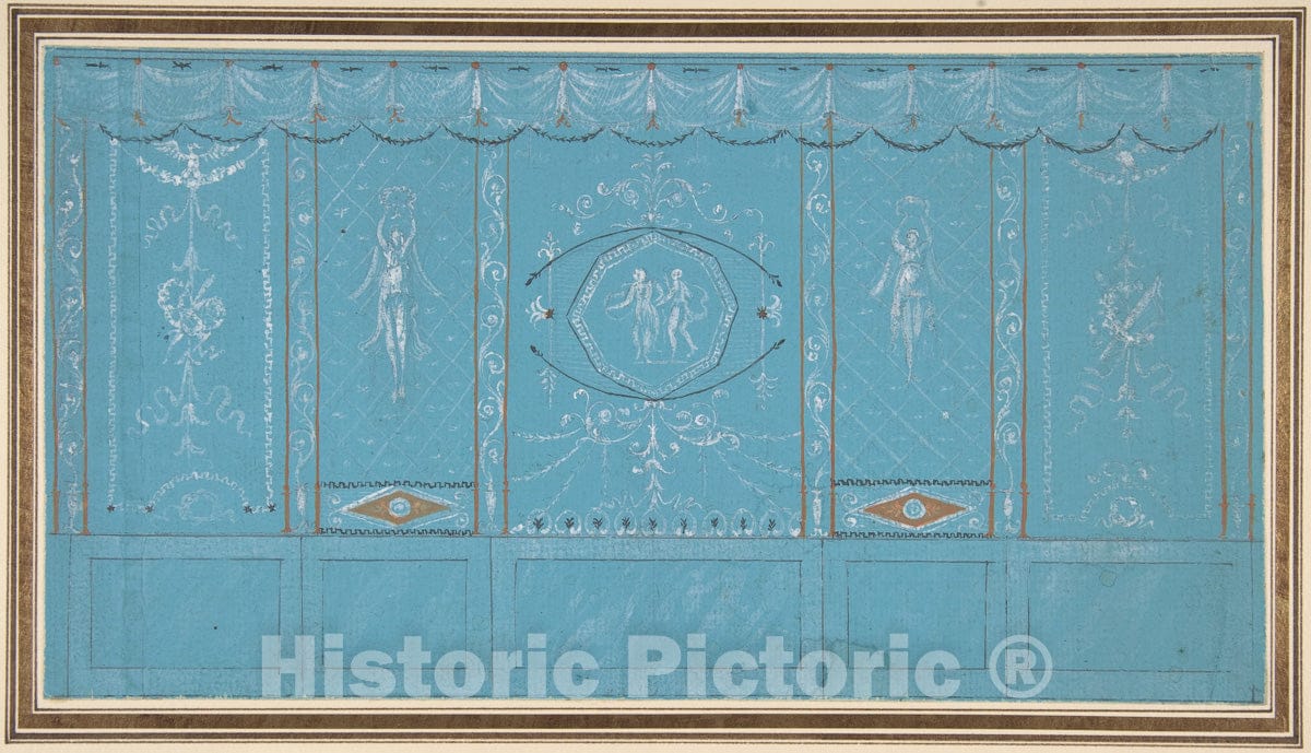 Art Print : Giuseppe Bernardino Bison - Design for a Decorated Wall with Grottesque Over Blue Background : Vintage Wall Art