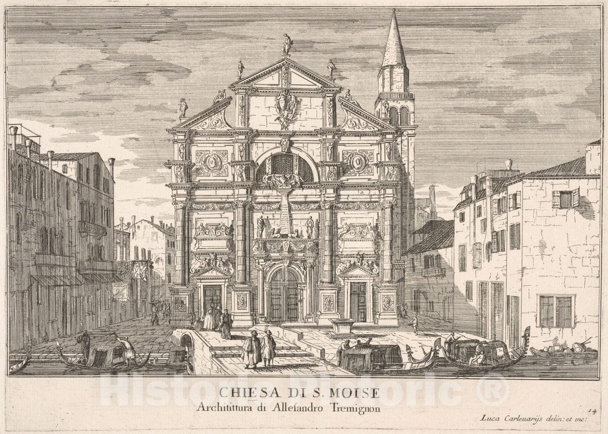 Art Print : Plate 14: View of The Facade of St. Moses Church - Artist: Luca Carlevaris - Created: 1703 : Vintage Wall Art