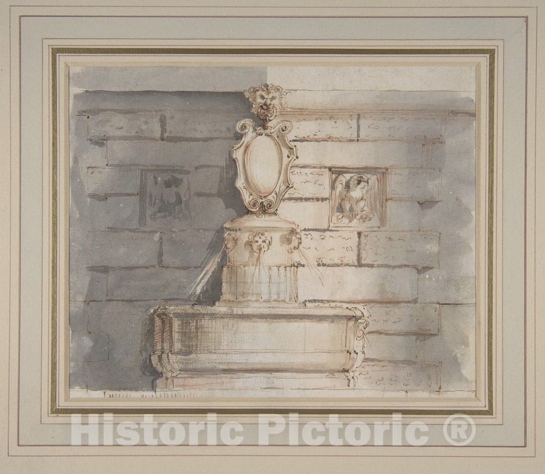 Art Print : Flaminio Innocenzo Minozzi - Design for a Fountain at a Street Corner ated with Putti Heads, a Coat of Arm and a Gargoyle Head on The Top : Vintage Wall Art