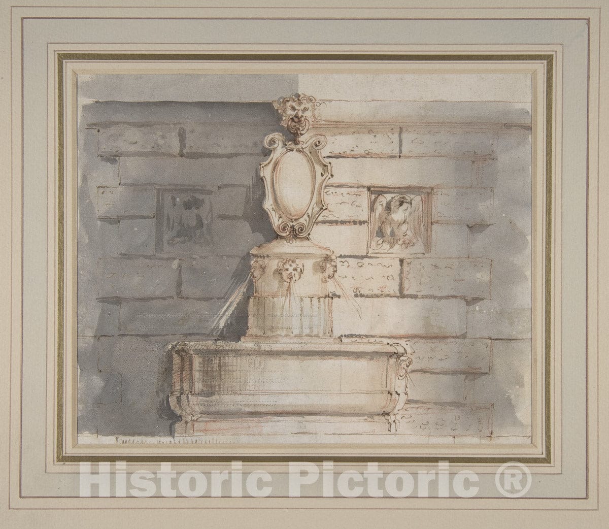 Art Print : Flaminio Innocenzo Minozzi - Design for a Fountain at a Street Corner ated with Putti Heads, a Coat of Arm and a Gargoyle Head on The Top : Vintage Wall Art