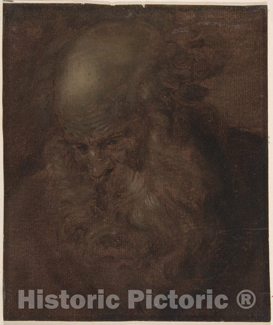 Art Print : Italian, Roman-Bolognese, 17th Century - Head of a Bearded Old Man in Three-Quarter View Looking Down : Vintage Wall Art