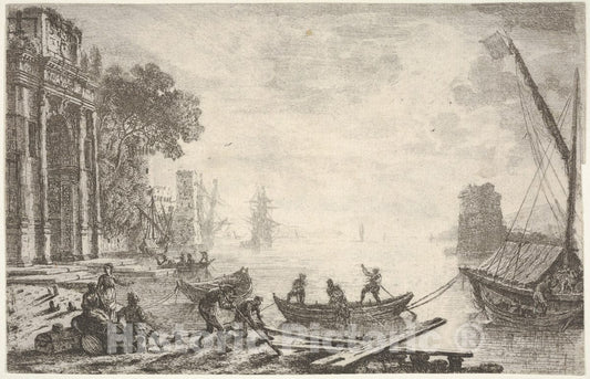 Art Print : Claude Lorrain (Claude Gellée) - Harbor with Rising Sun, Figures in Foreground, Colonnade on Left : Vintage Wall Art
