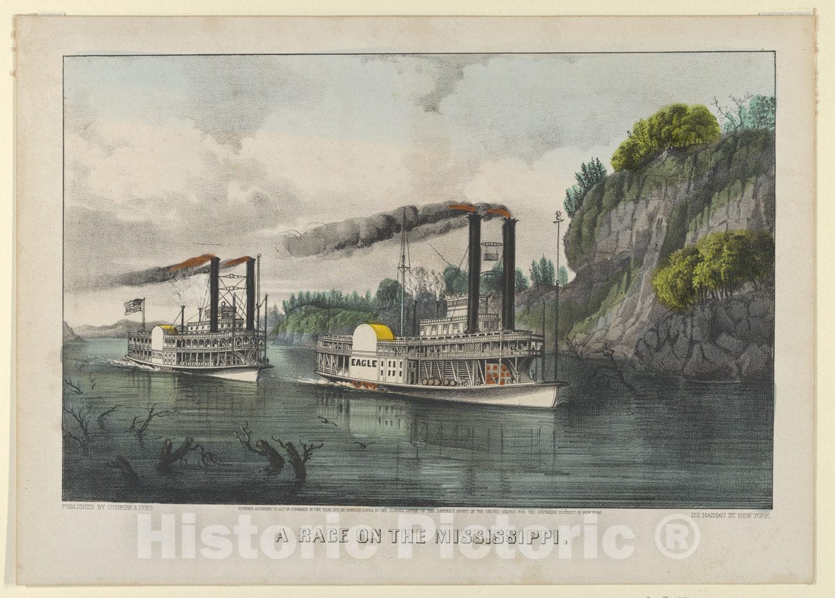 Art Print : Lithographed and published by Currier & Ives - A Race on The Mississippi : Vintage Wall Art