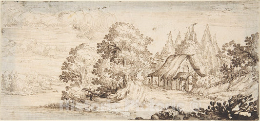 Art Print : in The Manner of Jacques Callot - Landscape with Cottage : Vintage Wall Art