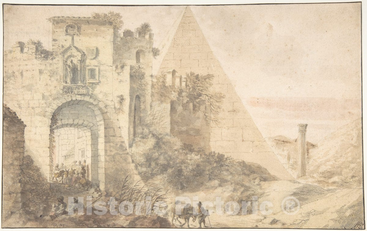 Art Print : Pieter Moninckx - Pyramid of Cestius and The Porta San Paolo, Rome : Vintage Wall Art
