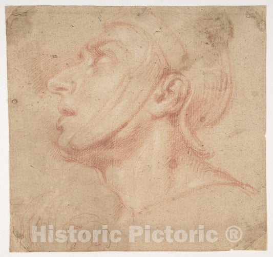Art Print : Francesco di Maria - Head of a Man Wearing a Helmet, Looking to Upper Left (Recto); Two Sketches, Arms and Hands (Verso) : Vintage Wall Art