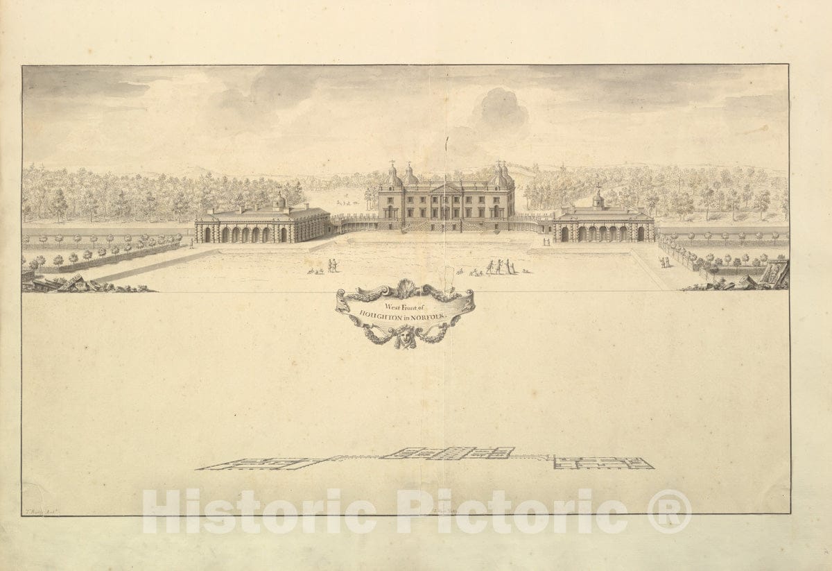 Art Print : Thomas Ripley - West Front of Houghton Hall in Norfolk, Perspective : Vintage Wall Art