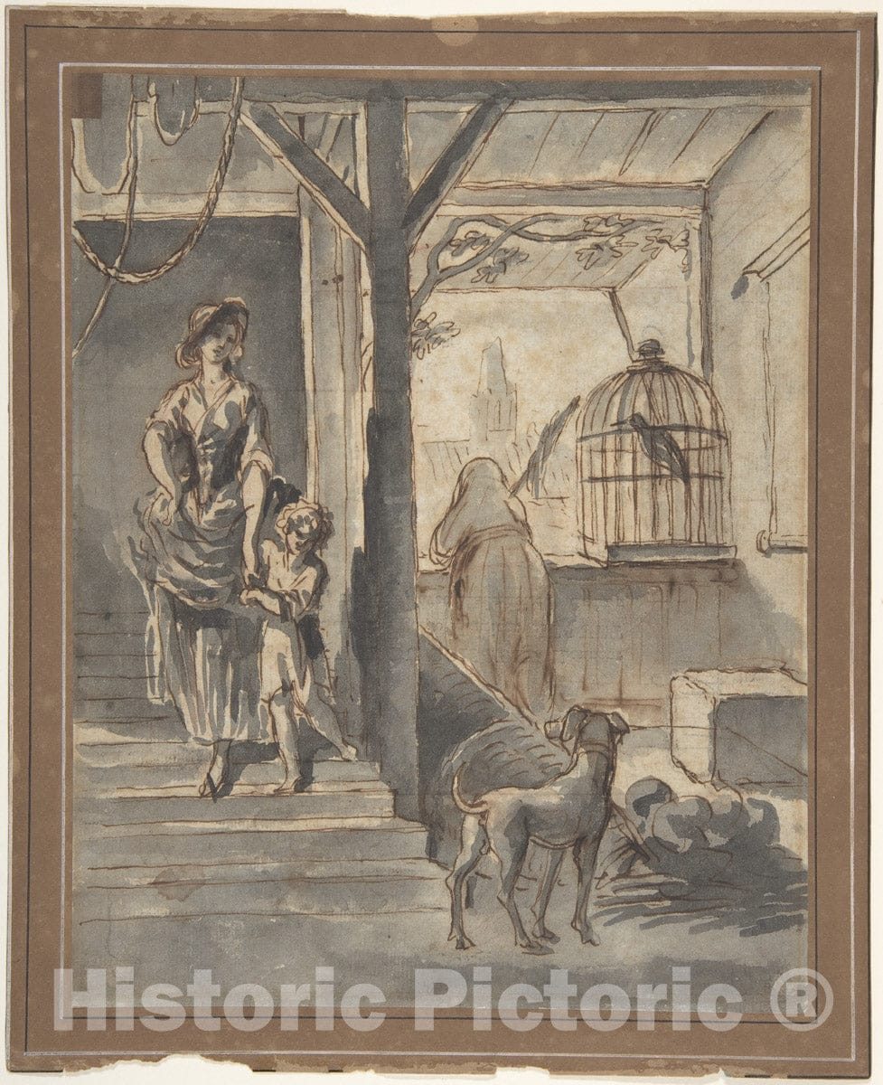 Art Print : Pierre Lélu - Woman and Child on Stairs : Vintage Wall Art