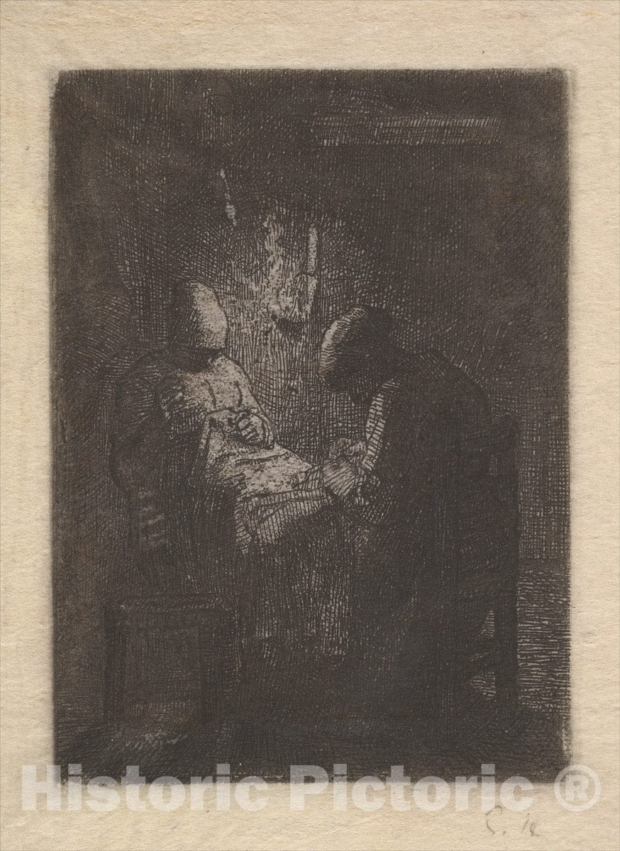 Art Print : Jean-François Millet - Two Women Sewing by Lamplight : Vintage Wall Art