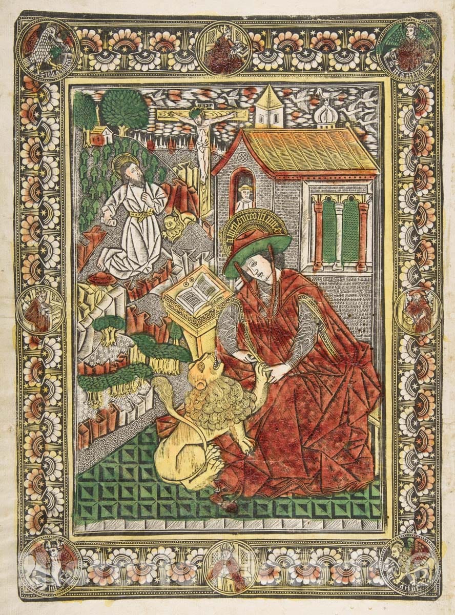 Art Print : Master of The Church Fathers' Border - Saint Jerome in Penitence and as a Scholar Removing a Thorn from a Lion's Paw (SCH. 2673 & 2673) : Vintage Wall Art