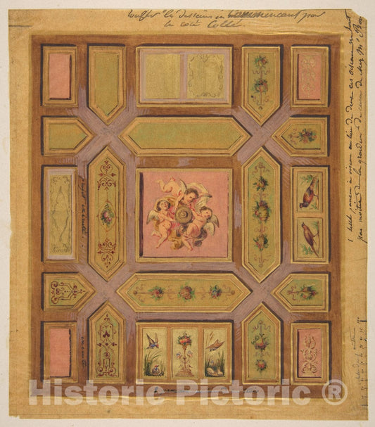 Art Print : Design for a Paneled Ceiling Painted with putti - Artist: Jules-Edmond-Charles Lachaise - Created: 19th Century : Vintage Wall Art
