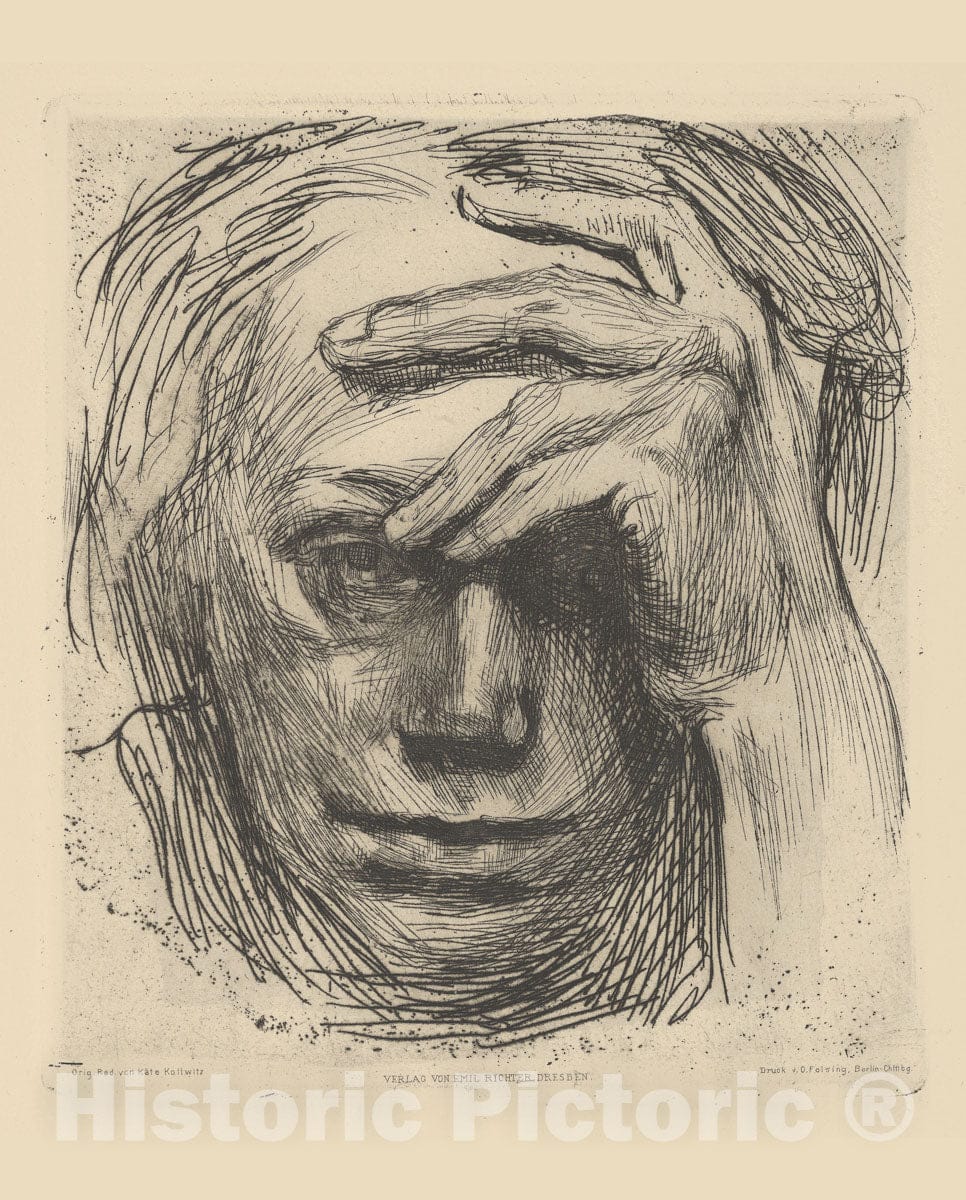 Art Print : Käthe Kollwitz - Self-Portrait with Hand on The Forehead (Selbstbildnis mit der Hand an der Stirn) : Vintage Wall Art