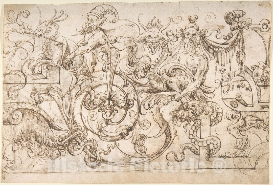 Art Print : Design for a Frieze with Grotesques in The Flemish Style - Artist: Andres de Melgar - Created: c1545 : Vintage Wall Art