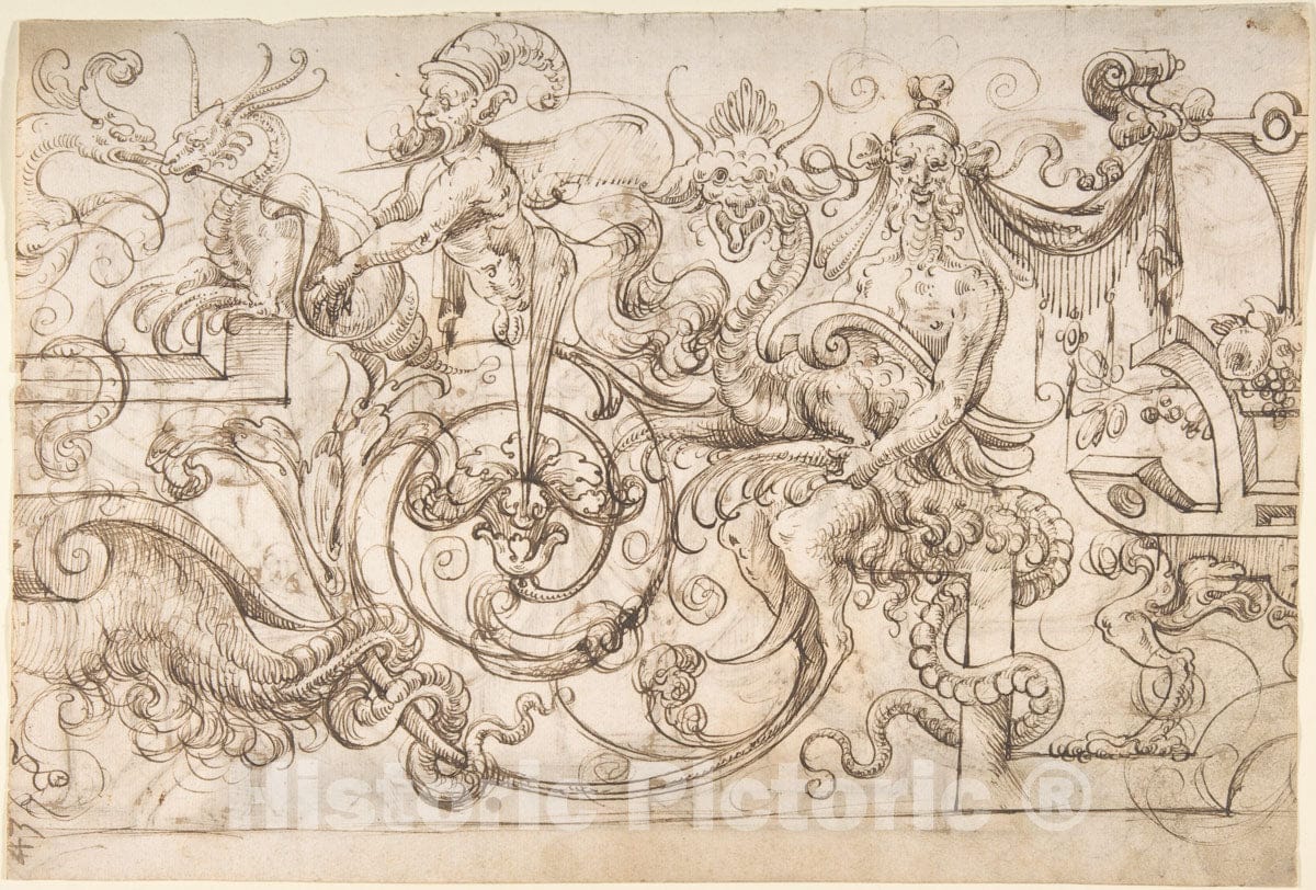 Art Print : Design for a Frieze with Grotesques in The Flemish Style - Artist: Andres de Melgar - Created: c1545 : Vintage Wall Art