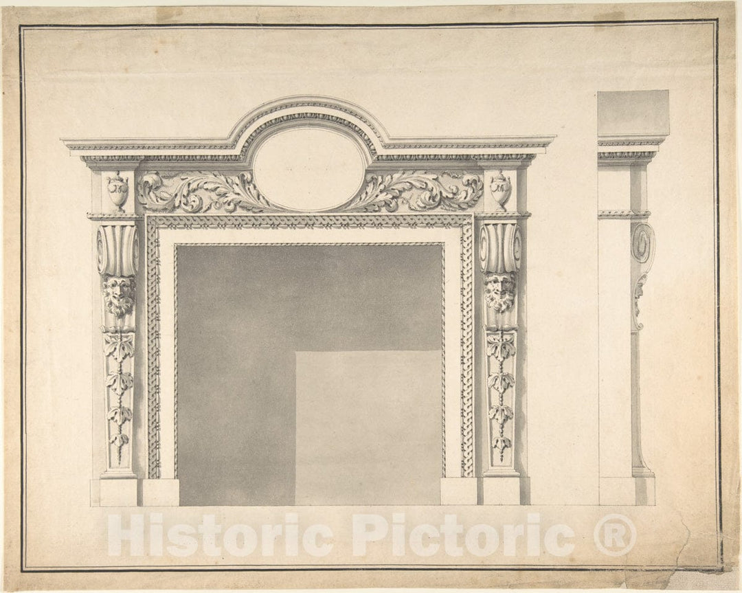 Art Print : James Stuart - Design for a Fireplace with Frontal and Profile Views : Vintage Wall Art