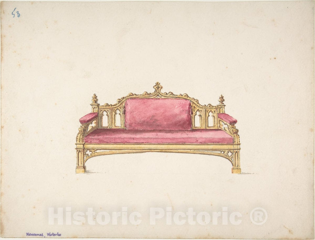 Art Print : British, 19th Century - Design for a Gothic Settee : Vintage Wall Art