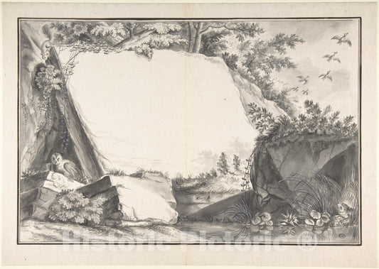 Art Print : Joseph Martin Nideröst - Design for a Title Page(?): Rocks and Animals : Vintage Wall Art