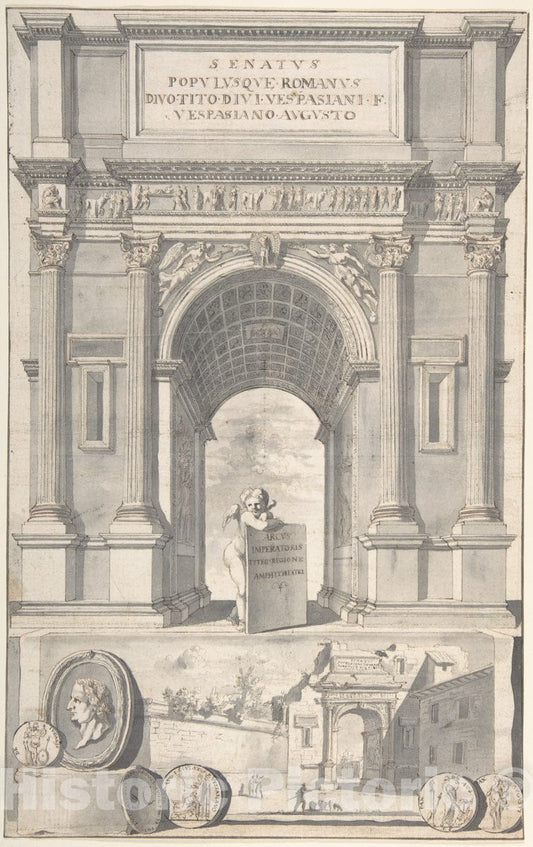 Art Print : Jan Goeree - A Reconstruction of The Arch of Titus (Above) and a View of The Ruins (Below) : Vintage Wall Art