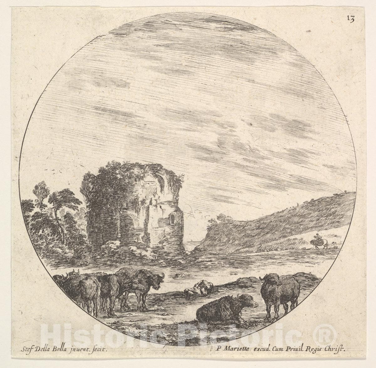 Art Print : Plate 13: Ruins of an Ancient Temple in The Background - Artist: Pierre Mariette le fils - Created: c1643 : Vintage Wall Art