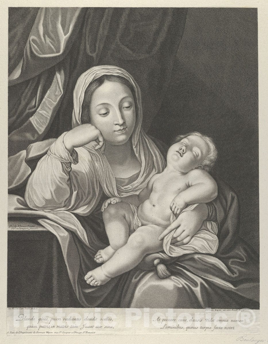 Art Print : Engraved by Jean Boulanger - The Virgin Seated with her Head Resting on her Right Hand, Holding The Sleeping Infant Christ on her Lap, After Reni : Vintage Wall Art