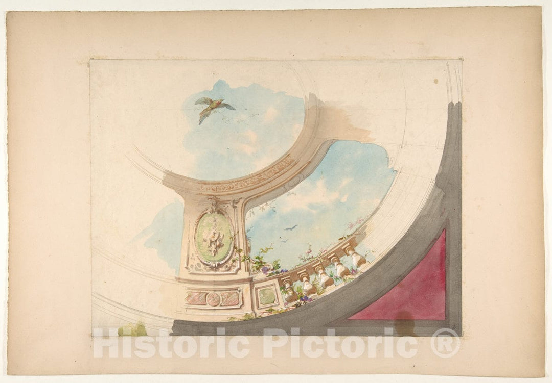 Art Print : Jules-Edmond-Charles Lachaise - Design for a Ceiling with Trompe L'Oeil Balustrade and Sky 2 : Vintage Wall Art