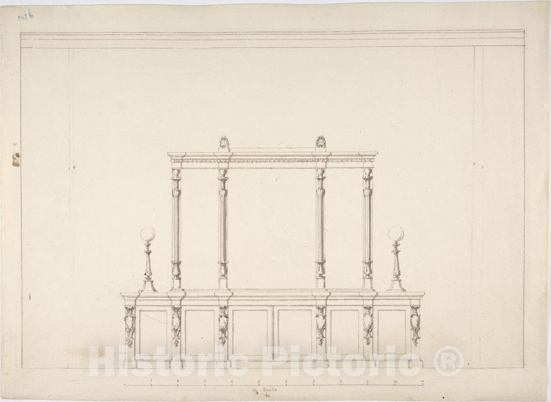 Art Print : British, 19th Century - Design for a Cabinet with Renaissance Ornament and Lamps : Vintage Wall Art