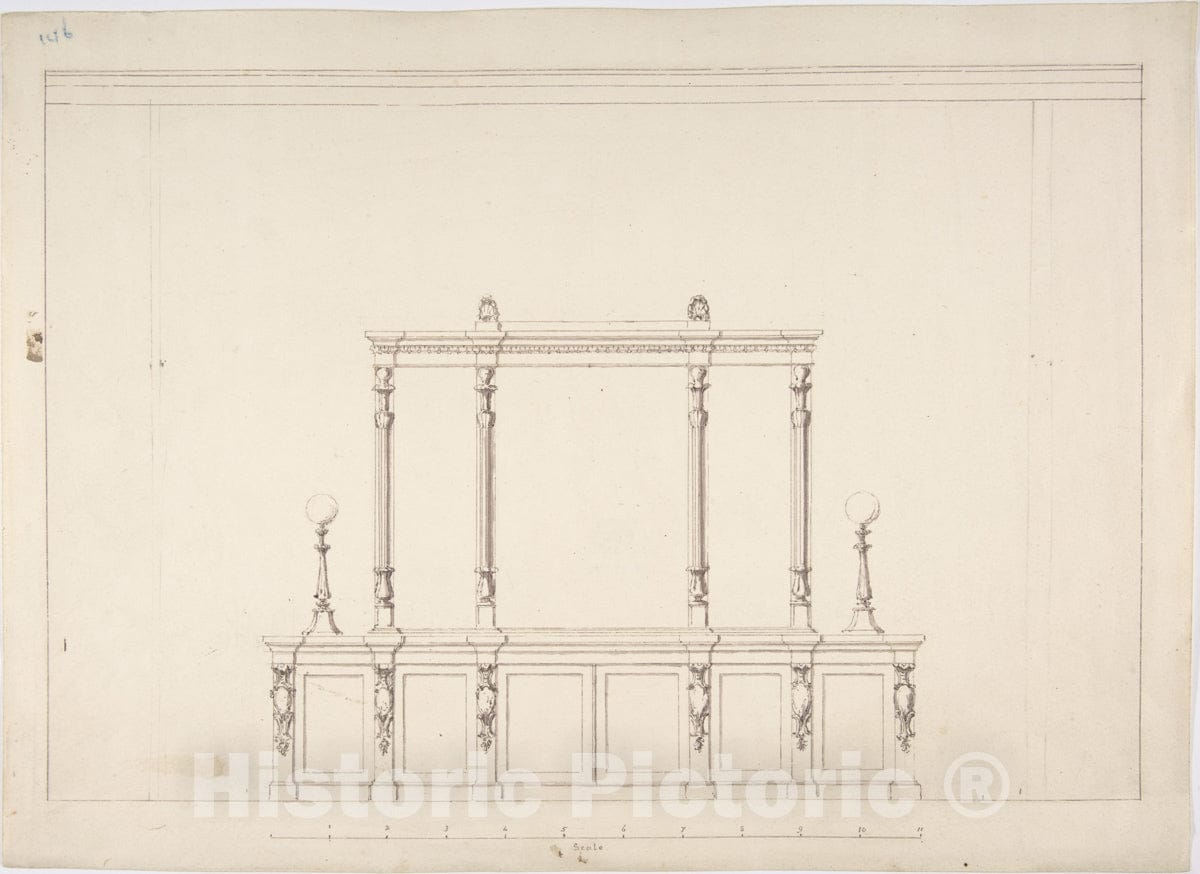 Art Print : British, 19th Century - Design for a Cabinet with Renaissance Ornament and Lamps : Vintage Wall Art