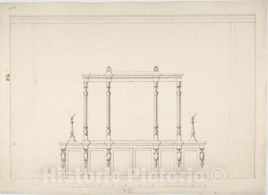 Art Print : British, 19th Century - Design for a Cabinet with Renaissance Ornament and Lamps : Vintage Wall Art
