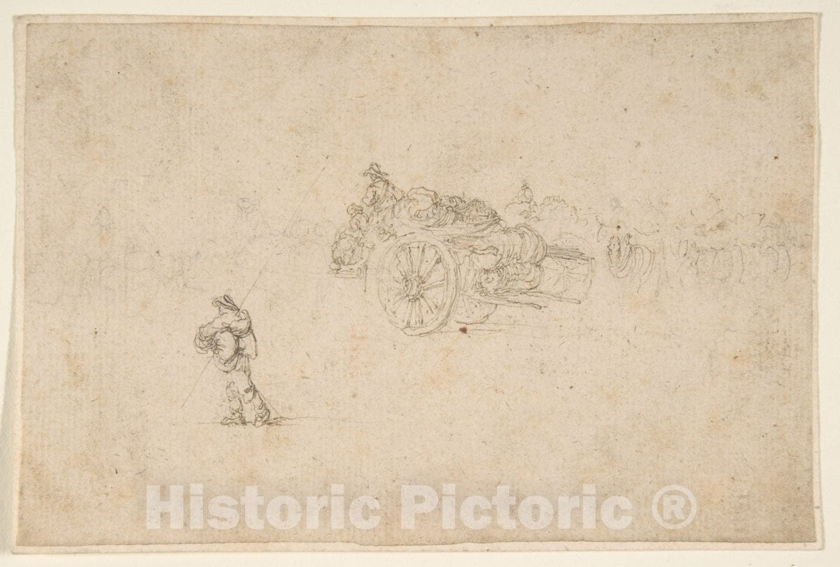 Art Print : Stefano Della Bella - A Loaded Wagon and Several Human Figures. : Vintage Wall Art