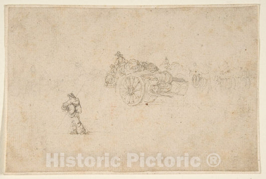 Art Print : Stefano Della Bella - A Loaded Wagon and Several Human Figures. : Vintage Wall Art