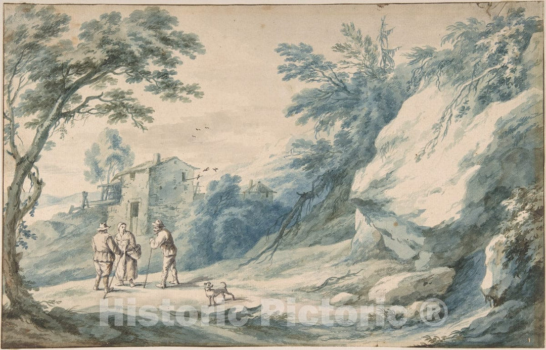 Art Print : Adriaen Fransz. Boudewijns - A Landscape with Travelers, a Ruined Building and a Fortified Town : Vintage Wall Art
