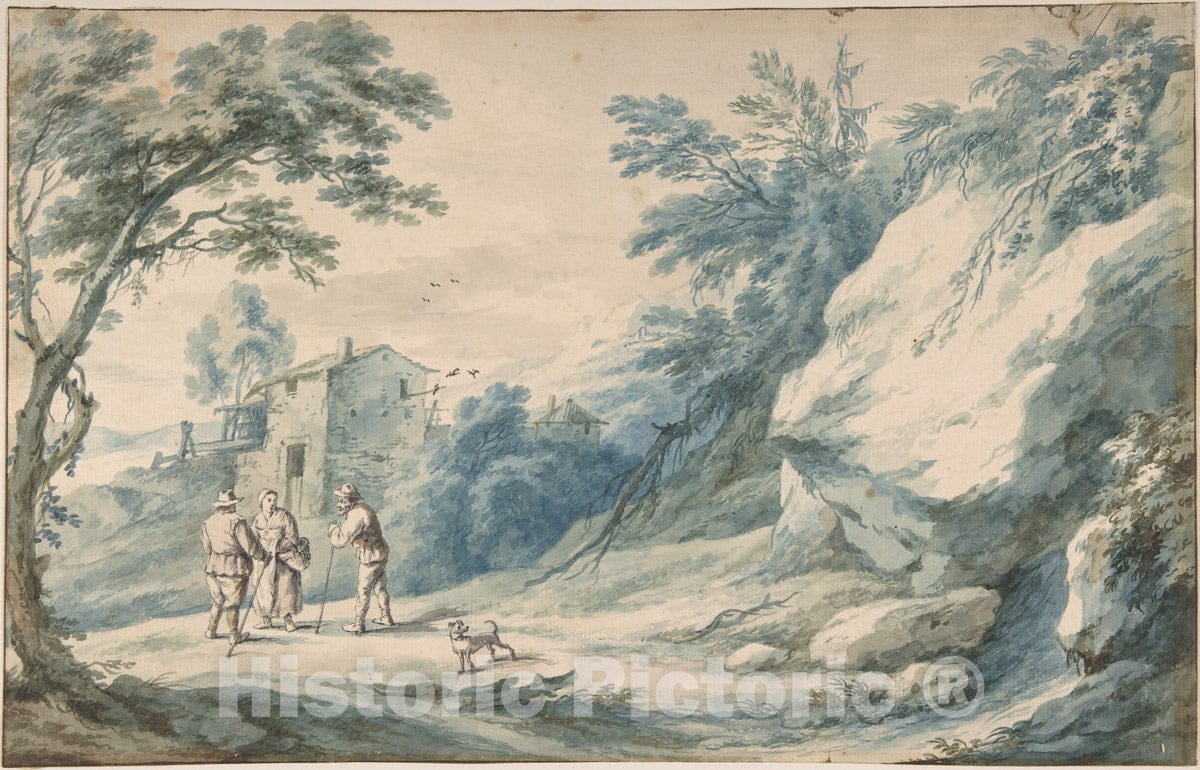 Art Print : Adriaen Fransz. Boudewijns - A Landscape with Travelers, a Ruined Building and a Fortified Town : Vintage Wall Art