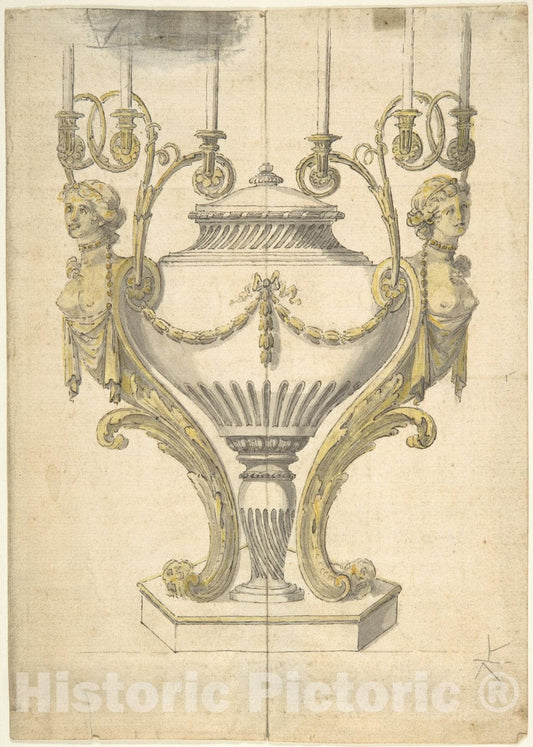 Art Print : Henry Holland - Candelabrum in The Form of an Urn Clasped by Carytides and Candle Branches : Vintage Wall Art