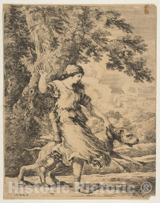 Art Print : Stefano Della Bella - A Nymph Holding a Large Dog by its Collar : Vintage Wall Art