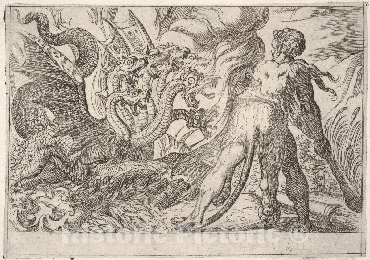 Art Print : Hercules and The Hydra of Lerna - Artist: Antonio Tempesta - Created: 1608 : Vintage Wall Art