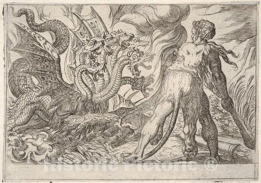 Art Print : Hercules and The Hydra of Lerna - Artist: Antonio Tempesta - Created: 1608 : Vintage Wall Art