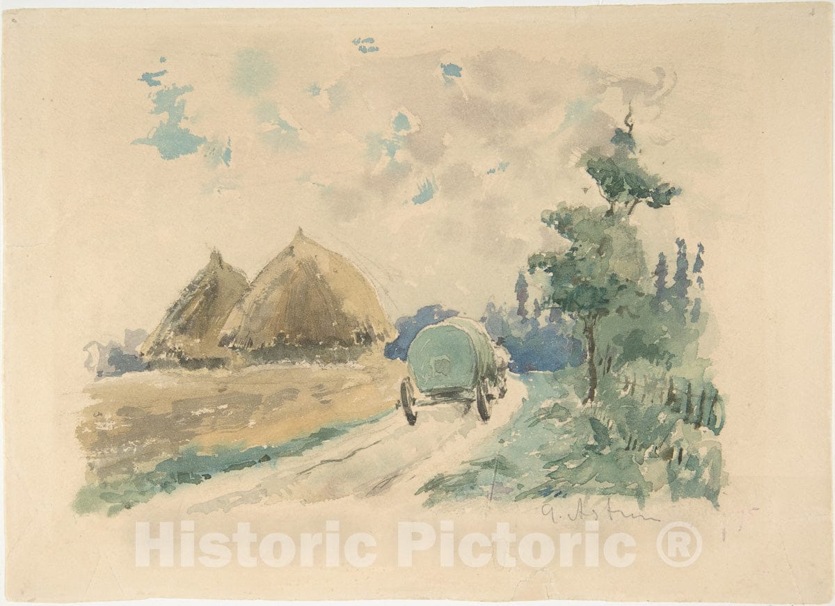 Art Print : Zacharie Astruc - Landscape with Wagon and Haystacks : Vintage Wall Art