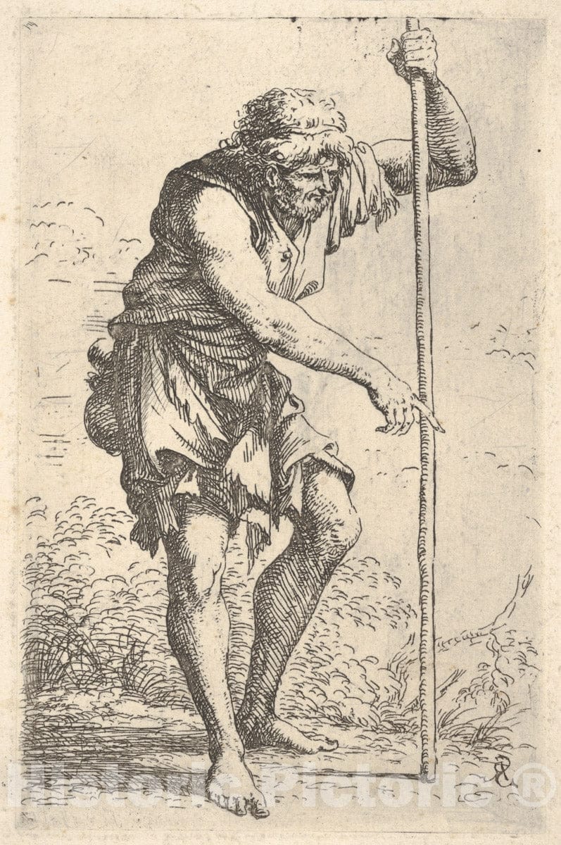 Art Print : Salvator Rosa - an Old, Ragged Man with a Gourd on his Hip Walking with a Staff, from The Series 'Figurine' : Vintage Wall Art