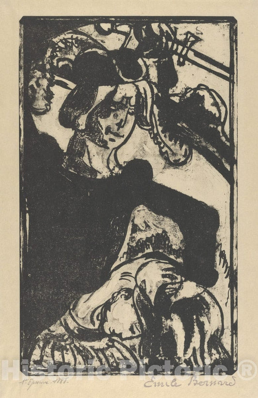 Art Print : Émile Bernard - He Takes Her by Her Long Beautiful Hair (The Unfaithful Wife) 1 : Vintage Wall Art