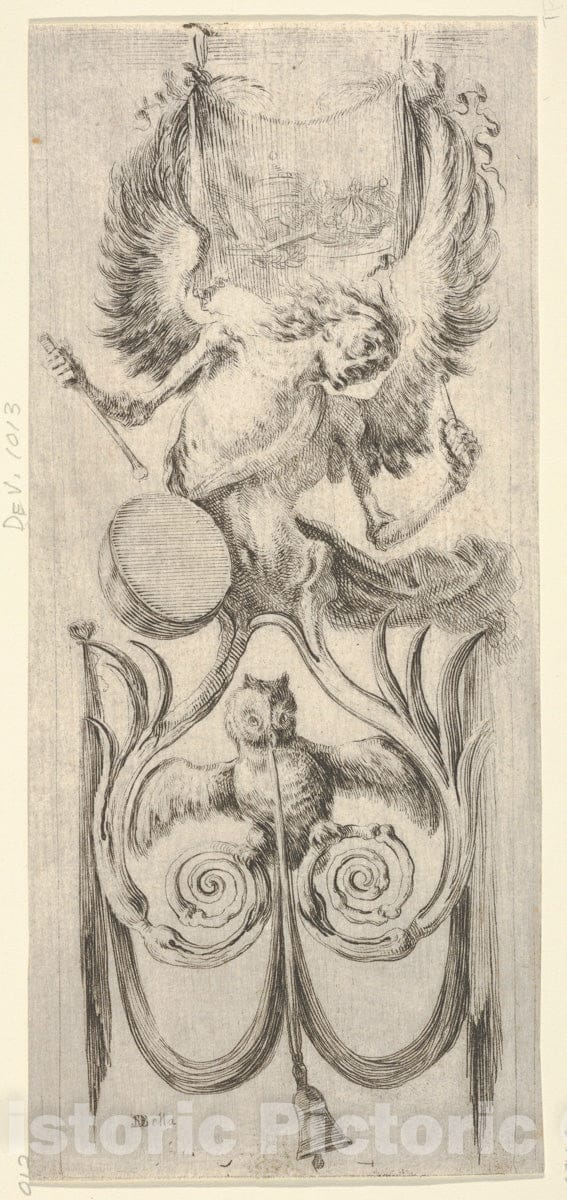Art Print : Stefano Della Bella - Death Beating a Drum Above, an owl and a Bell Attached to a Ribbon Below, from 'Ornaments or Grotesques' (Ornamenti o Grottesche) : Vintage Wall Art