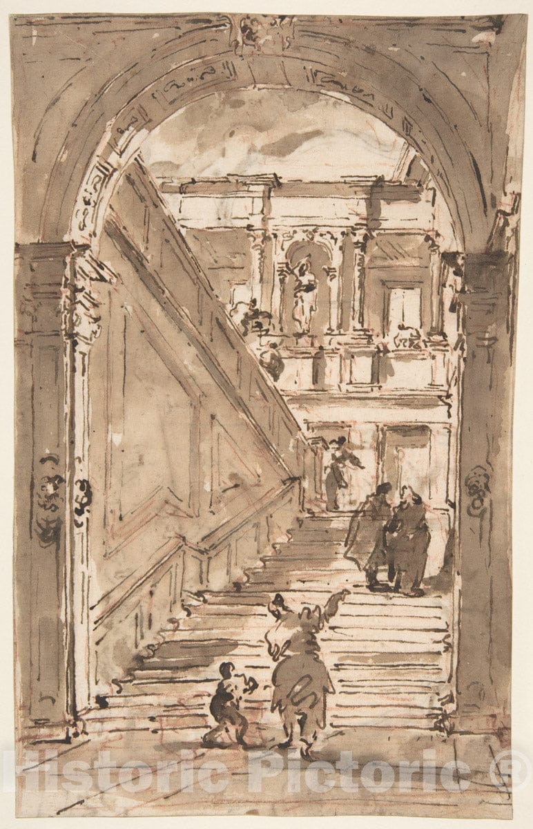 Art Print : Francesco Guardi - Architectural Fantasy: Figures on a Grand Staircase (Recto)
