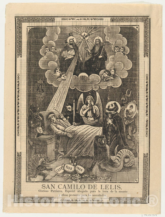 Art Print : Anonymous - Broadsheet with Saint Camilo de Lelis in Bed Surrounded by Demons, Priests and The Holy Trinity Above : Vintage Wall Art