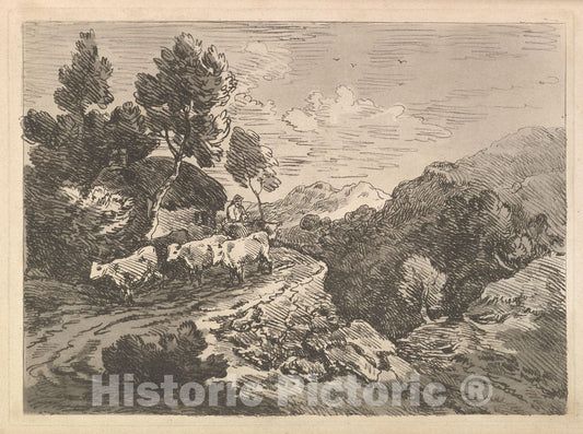 Art Print : Thomas Rowlandson - Landscape with a Figure Herding Cattle Along a Road Beside a Cottage, a Hillside at Left, a Forest in The Valley Below at Right : Vintage Wall Art