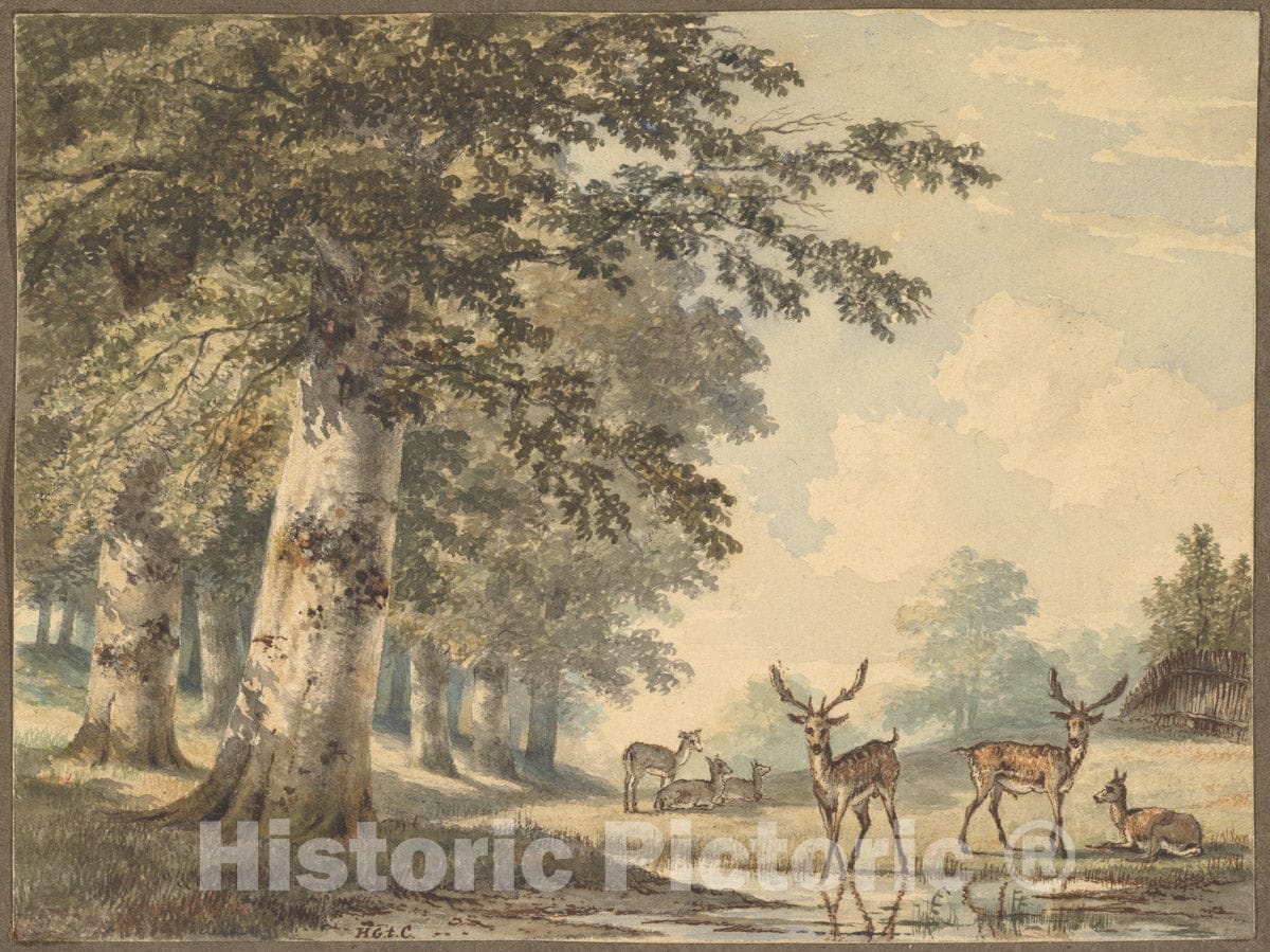 Art Print : Hendrik Gerrit Ten Cate - Deer Under Beech Trees in Winter : Vintage Wall Art