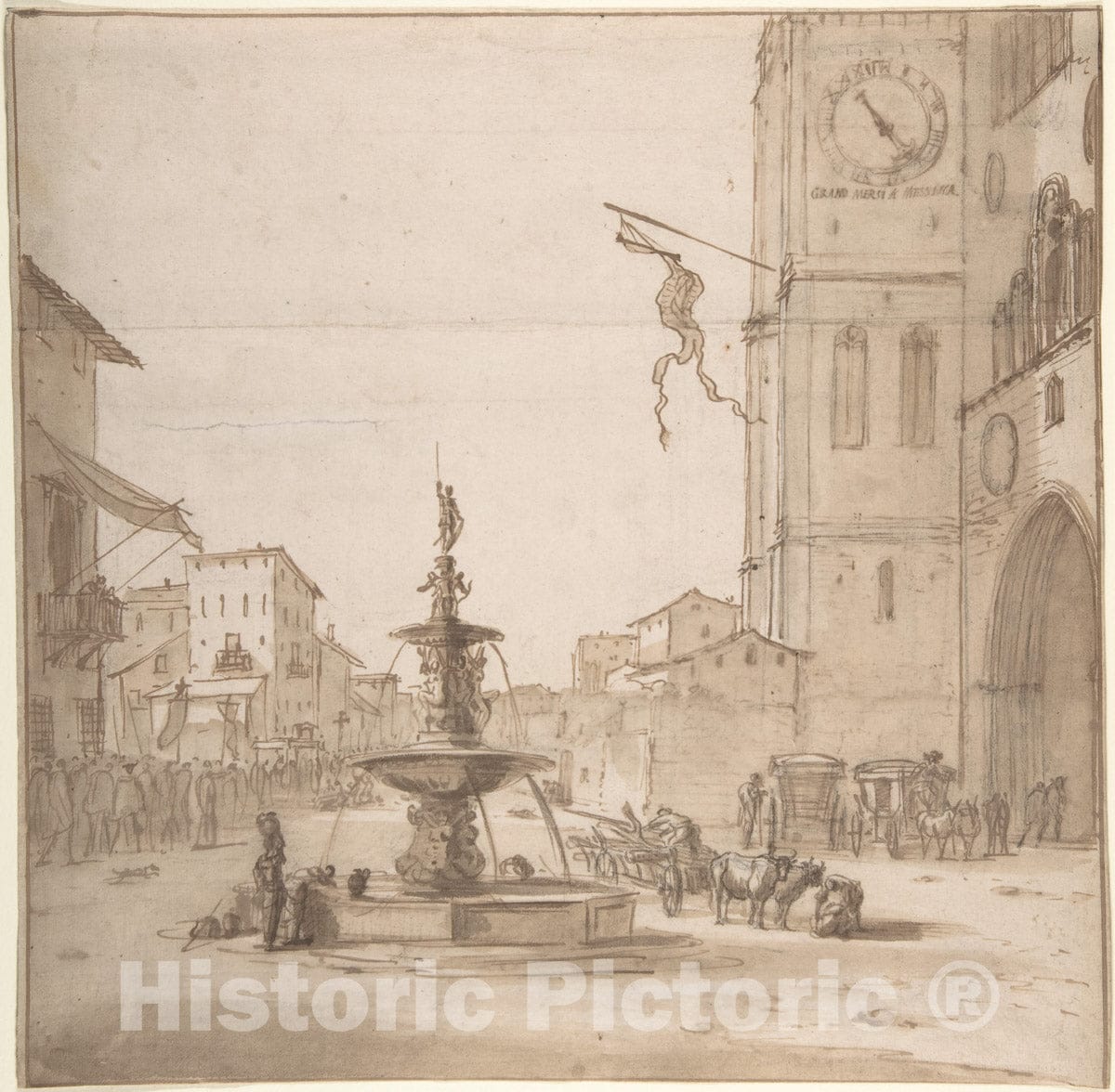 Art Print : Willem Schellinks - A View of The Piazza del Duomo, Messina, with The Fountain of Orion, The Cathedral to The Right : Vintage Wall Art