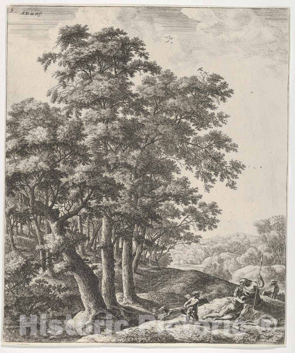 Art Print : Anthonie Waterloo - Landscape with Venus and Adonis, from The Series of Six Mythological Scenes : Vintage Wall Art