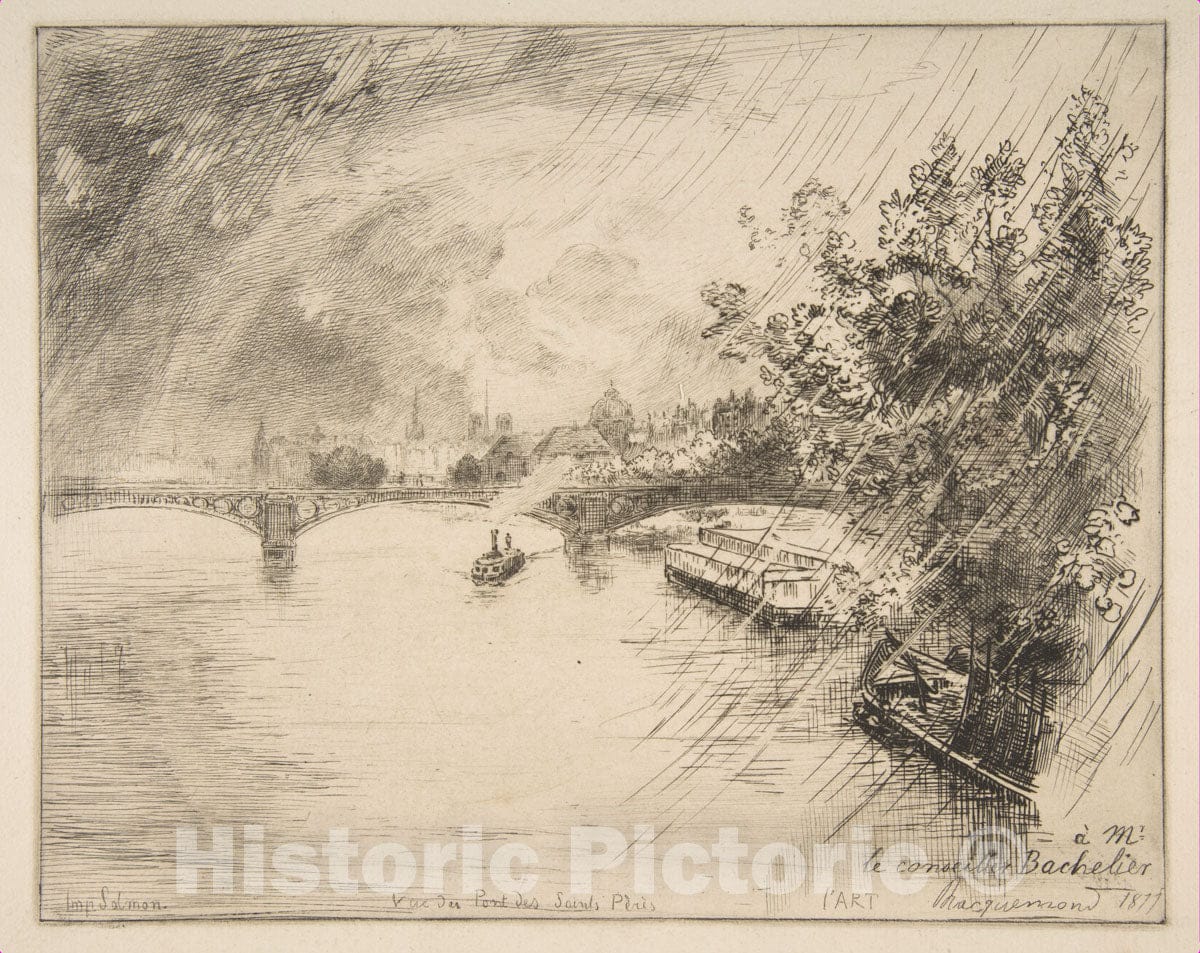 Art Print : Félix Bracquemond - View of The Saints-Pères Bridge : Vintage Wall Art