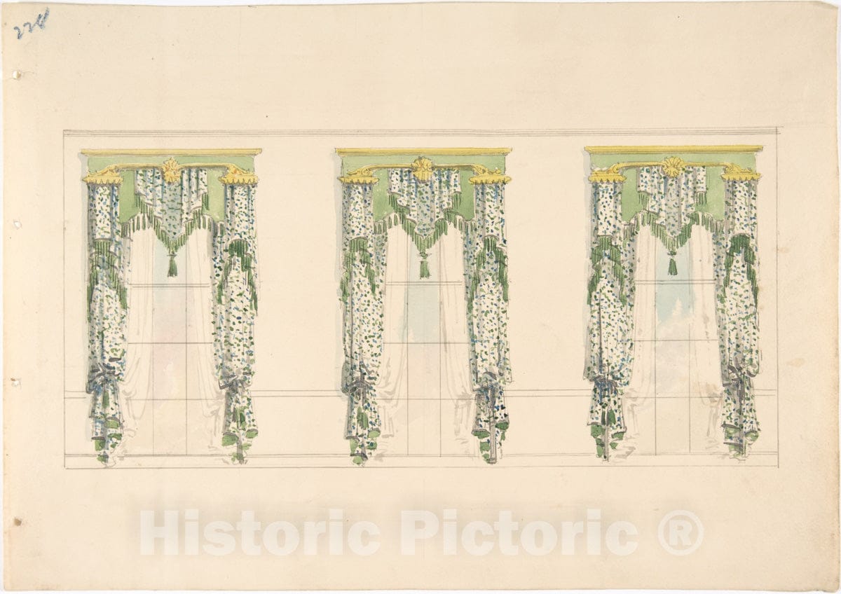 Art Print : British, 19th Century - Design for Green and White Curtains with Green Fringes and a Green and Gold Pediment : Vintage Wall Art