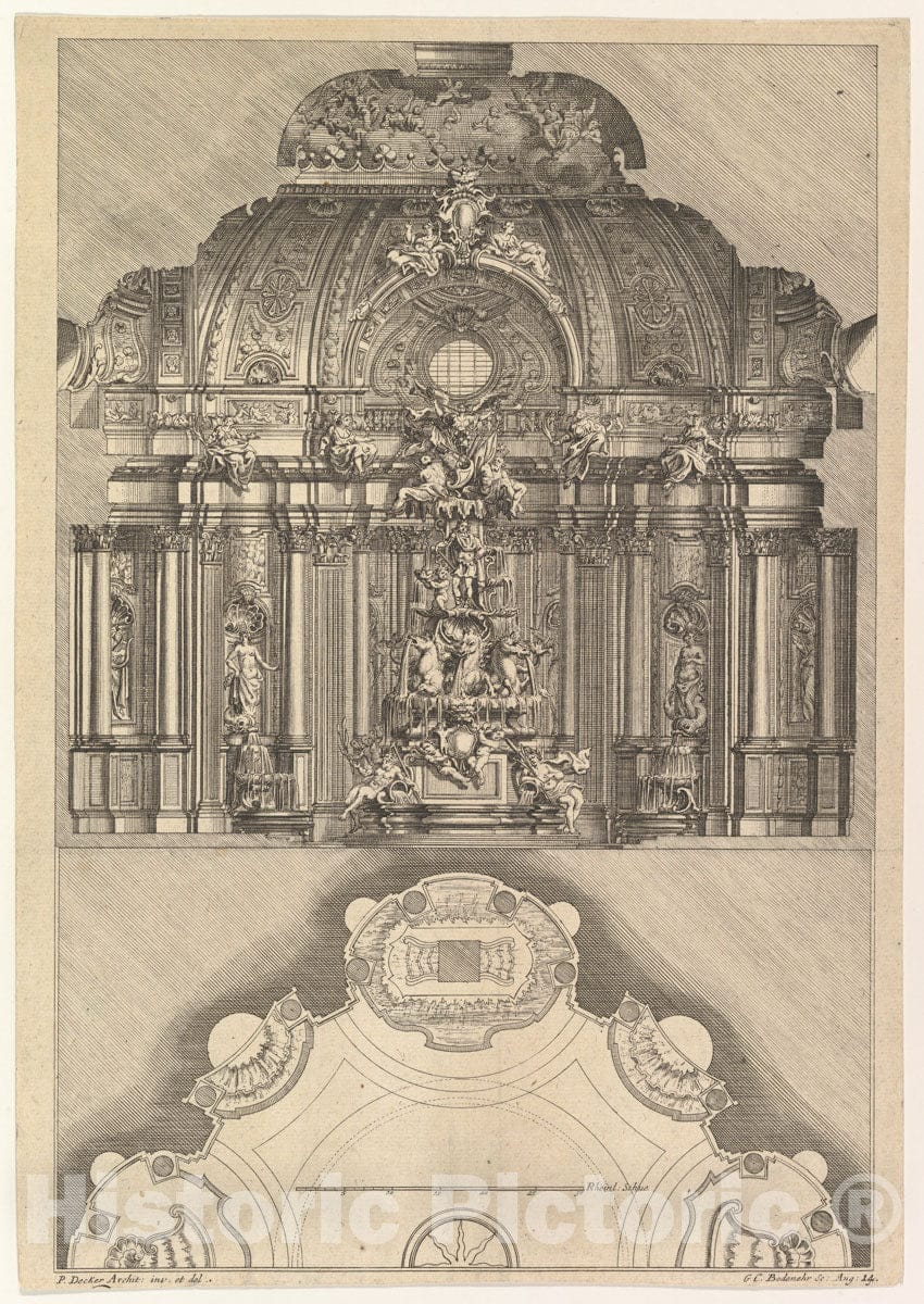 Art Print : Gabriel Bodenehr - Cross-Section and Floorplan of an Indoor Grotto : Vintage Wall Art