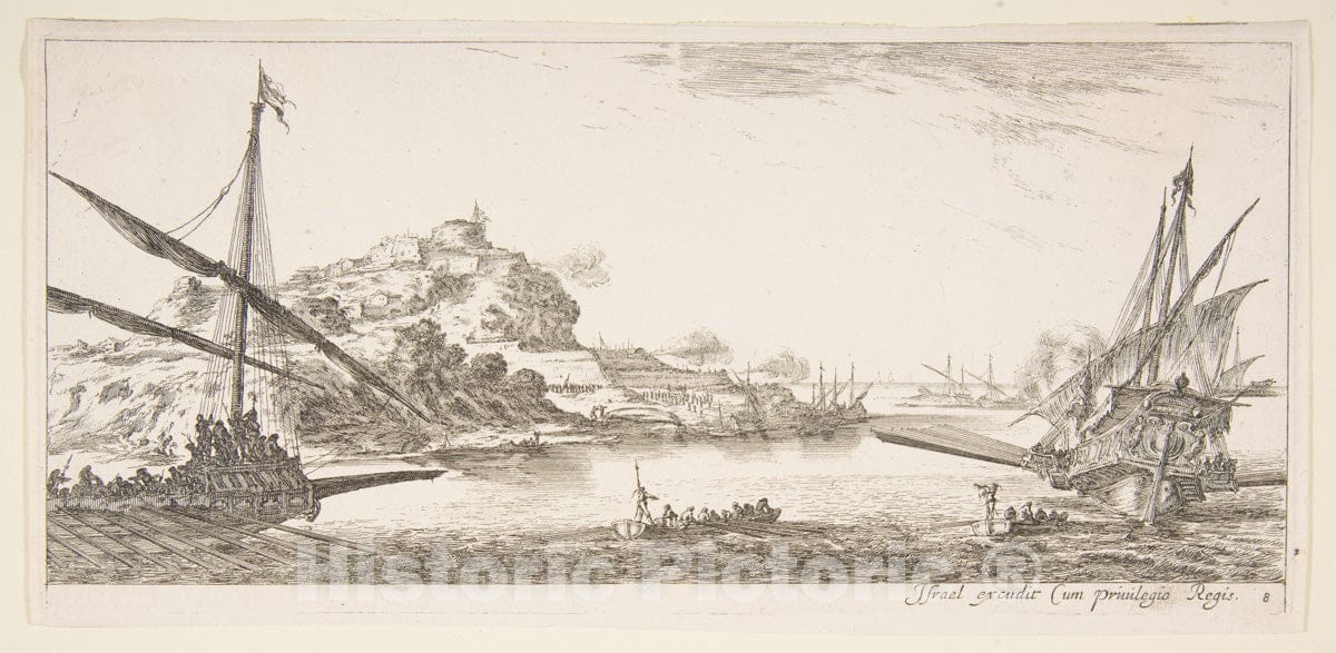 Art Print : Plate 8: A The Bow of a Galley at Left and Another Galley at Right - Artist: Stefano Della Bella - Created: c1641 v.2 : Vintage Wall Art
